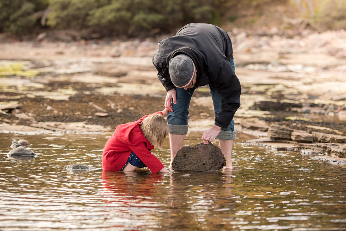 little girl and daddy in rock pool at Tyninghame Beach looking for crabs