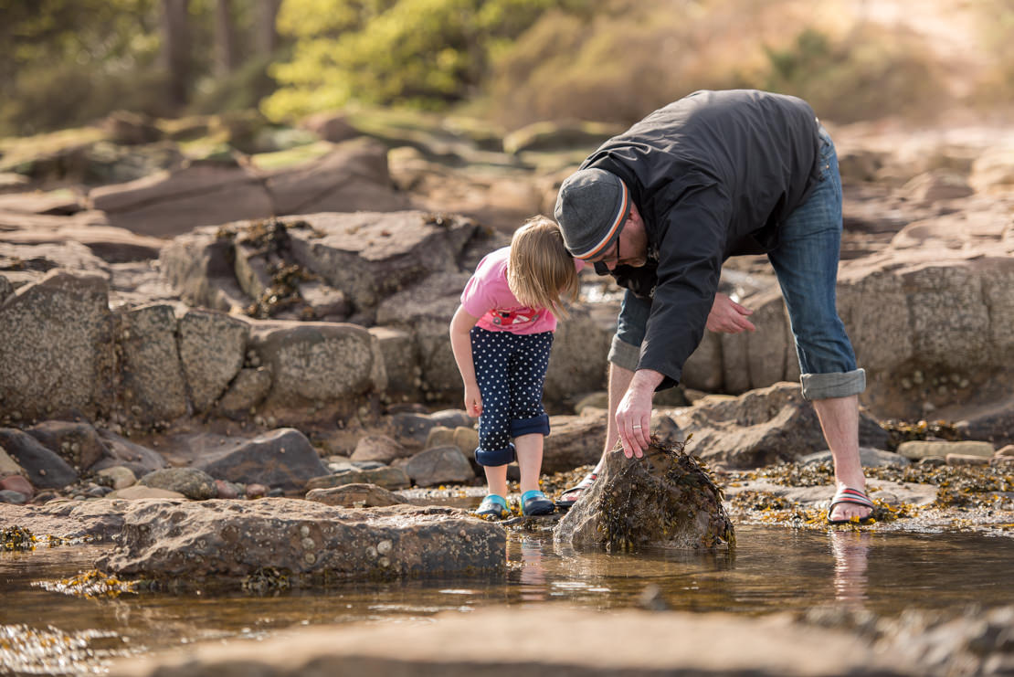 little girl and daddy at Tyninghame Beach looking for crabs