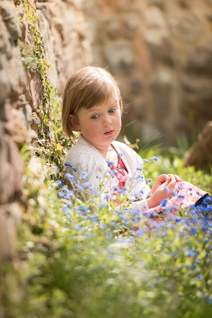 Little girl sitting in wildflowers against a wall, looking bemused