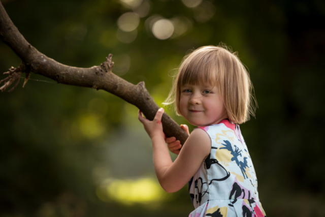 Family photographer Edinburgh - little girl with blonde hair in a white patterned dress holding onto a branch in the evening sunshine