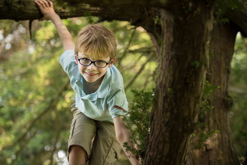 Killer tip for photographing your kids - little boy with glasses up in a tree looking down into the camera