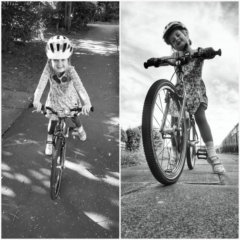 Killer tip for photographing your kids - two pictures of a little girl on a bike, one taken from above, one from below
