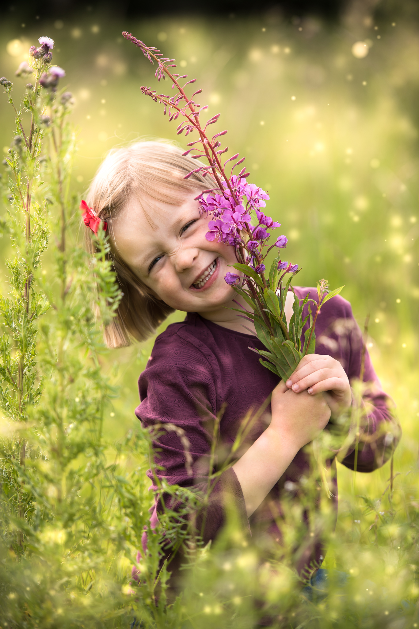 family photographer Edinburgh Little Girl Purple Top in Flower Field 2