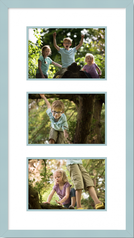 Family photographs help children's self-esteem - three portrait photographs of children in one turquoise framed multi-print collage 
