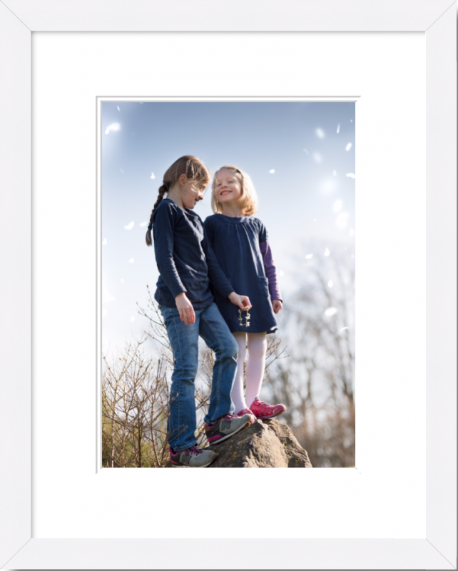 Framed wall portrait photograph of two little girls standing on a rock with a daisy chain