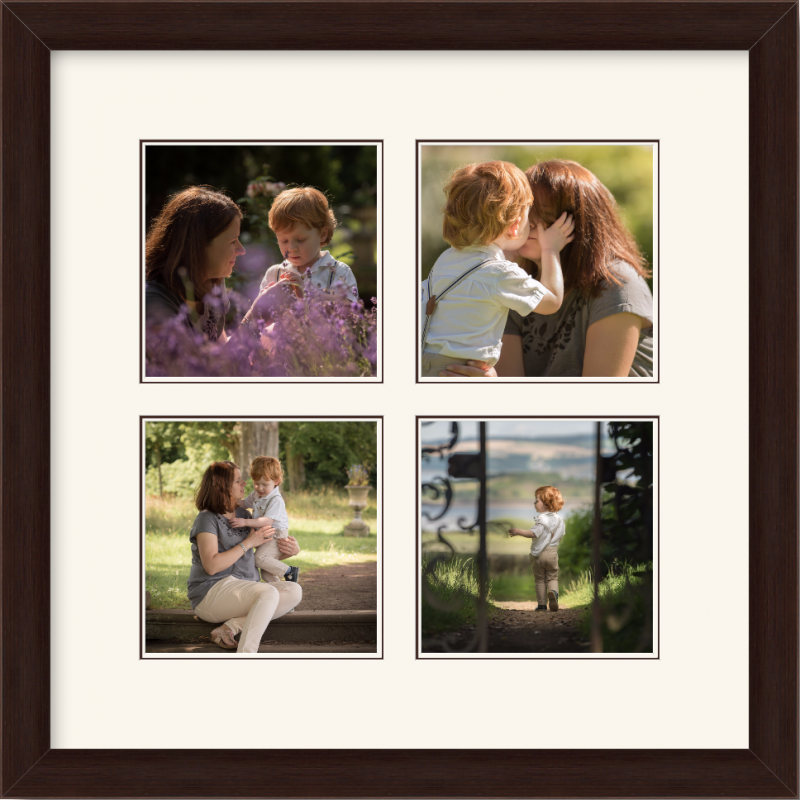 wooden frame multi-print collage of red haired 2 year old boy with his mother outdoors