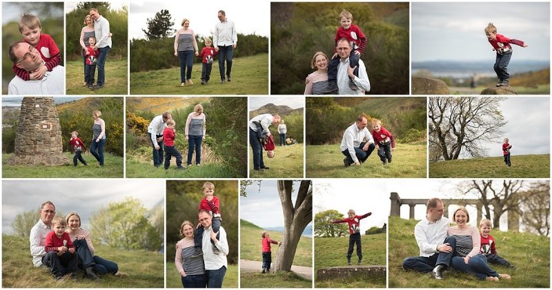 Family photographs in Edinburgh - Collage of mum, dad, and little boy up Calton Hill