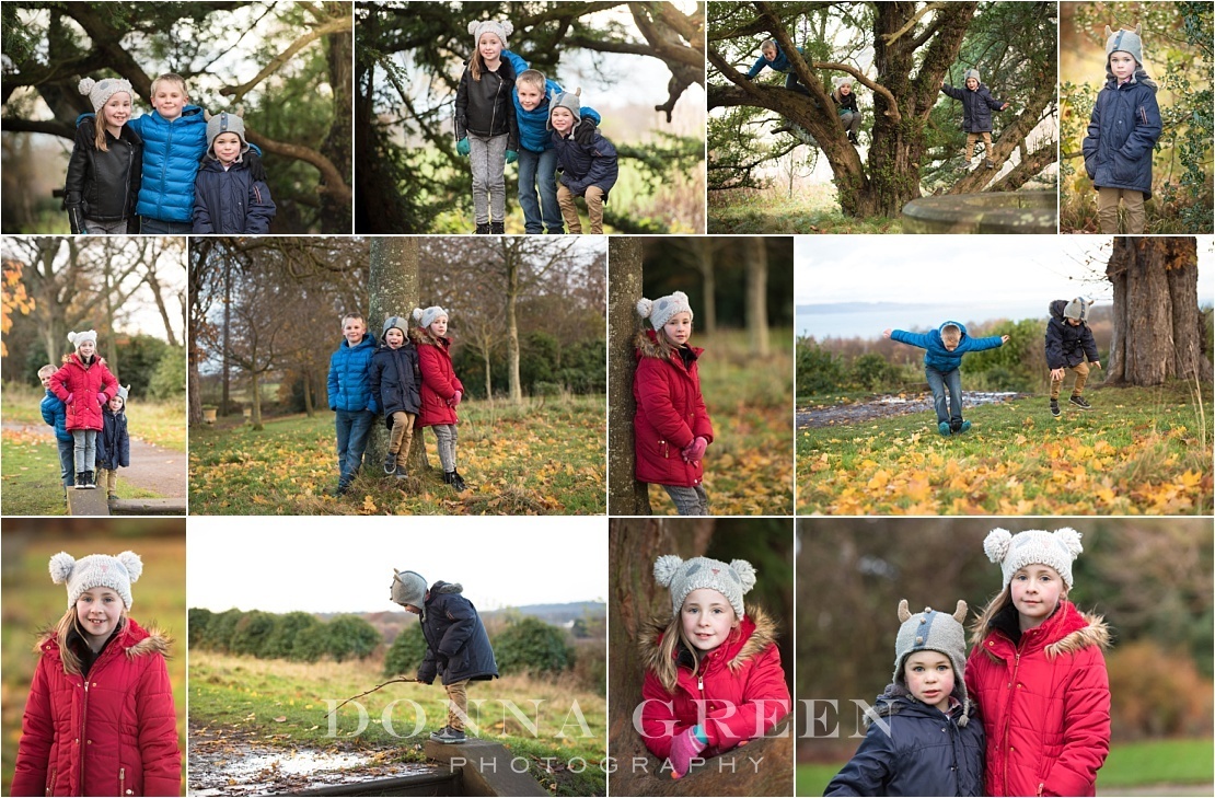 Family photo shoot in Edinburgh- collage of little girl and little boys outdoors at Lauriston Castle