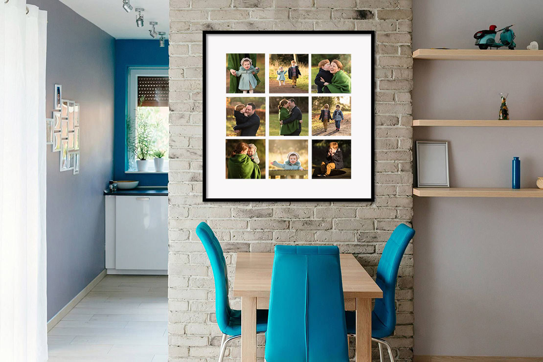 Framed family portraits collage on kitchen wall