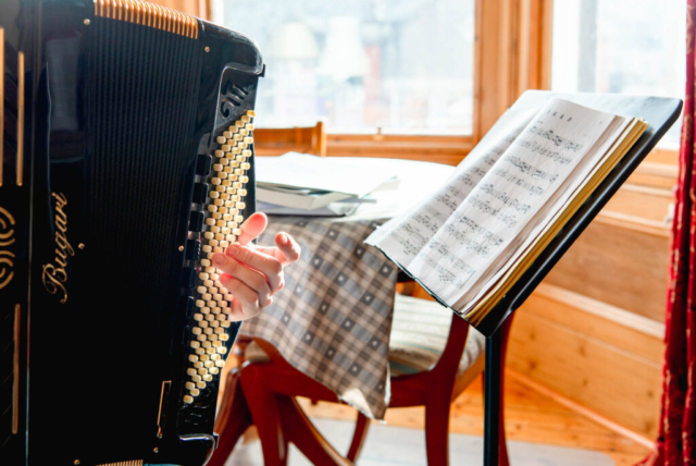 Brand photography in Edinburgh, Scotland, for musician - accordion with sheet of music manuscript