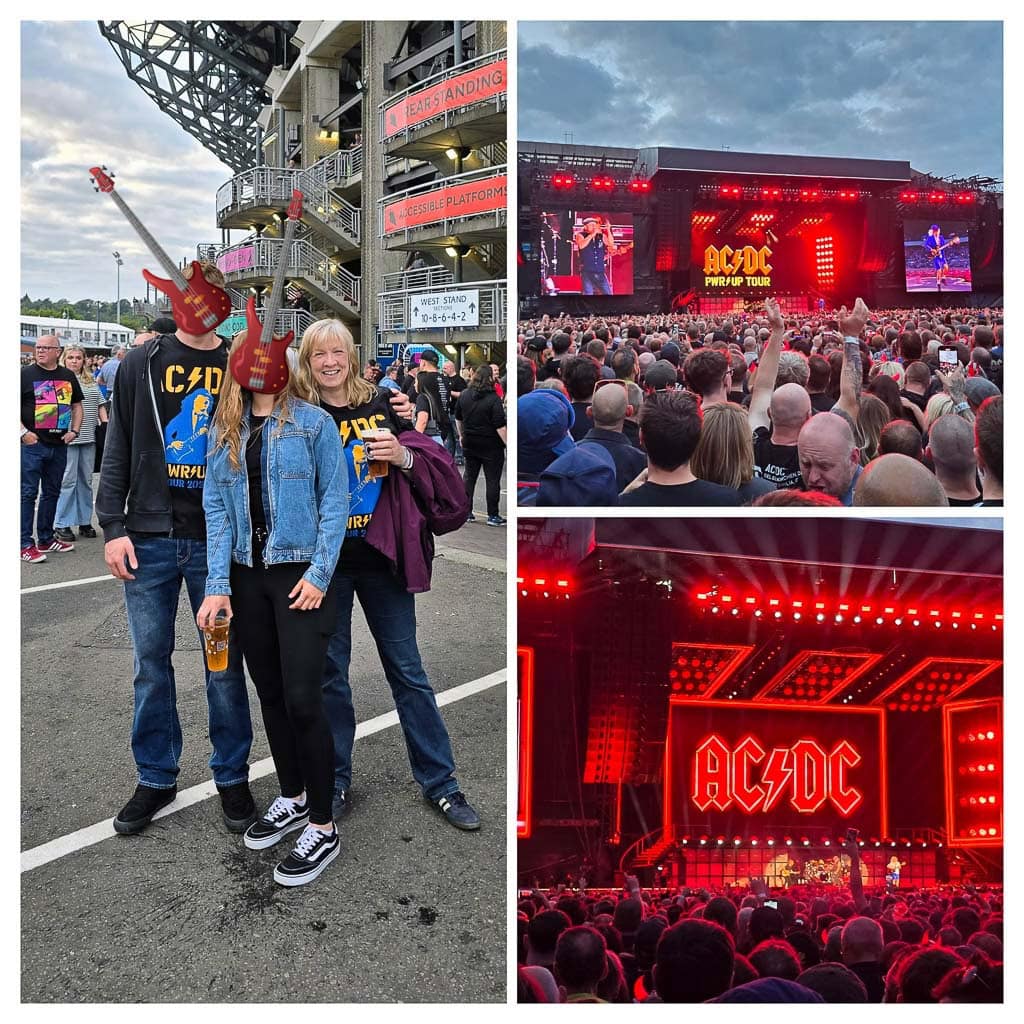 Brand photographer Edinburgh Scotland Donna Green at the AC/DC concert in Murrayfield, with a collage of photos showing the crowd and stage lights.
